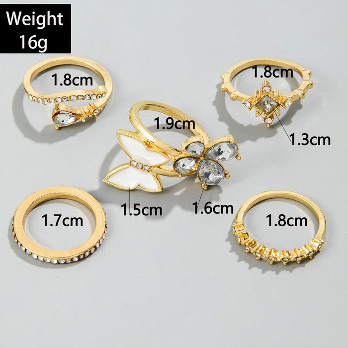 Diamond-studded butterfly water drop ring five-piece set light luxury style oil drop butterfly ring