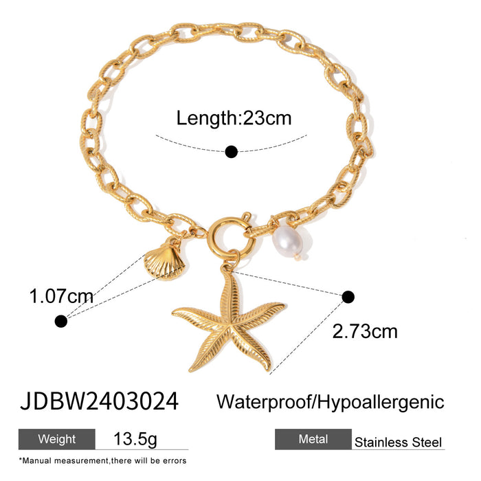 18K Gold Plated Stainless Steel Starfish, Shell, and Conch Bracelet - 2024 Summer Ocean Series Jewelry