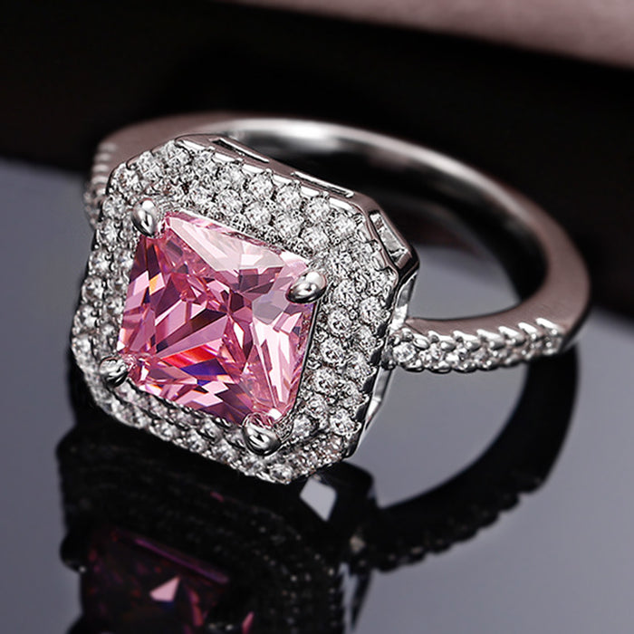 Anillo de racimo cuadrado de circonita rosa, joyería de lujo de alta gama para mujer