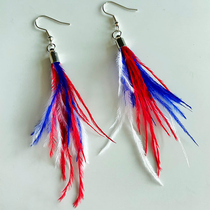 Independence Day Feather Leather Earrings with American Flag and Metal Mesh Design