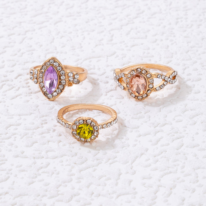 Colorful diamond ring three-piece set geometric full diamond light luxury combination