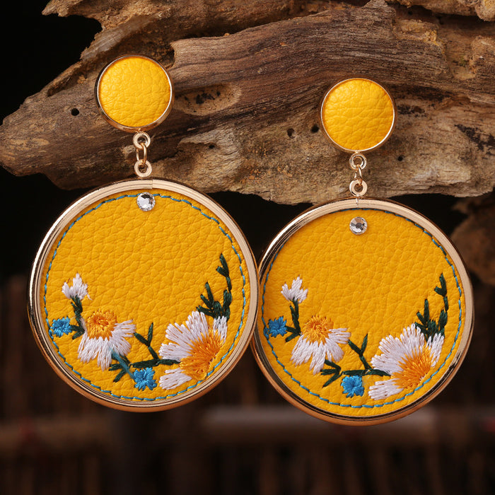 Leather Embroidered Floral Earrings with Vintage and Elegant Style - wallojewerly 