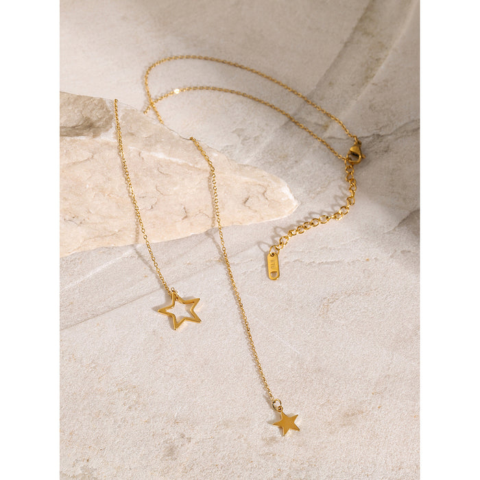 18K Gold-Plated Stainless Steel Y-Chain Necklace with Star Pendants - Simple Titanium Steel Jewelry for Women