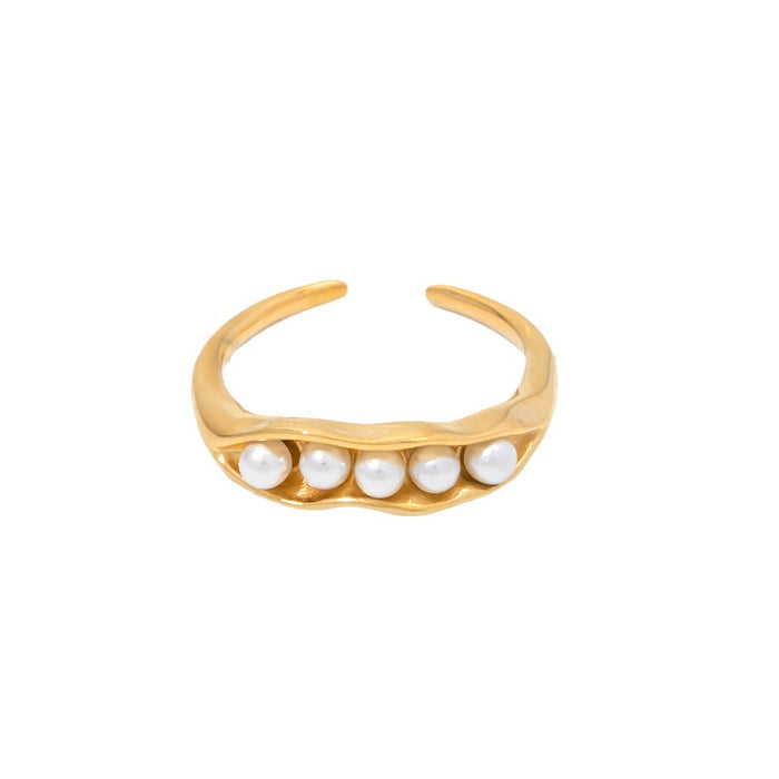 18K Gold Stainless Steel Hammered Texture Ring with Pearl Inlay