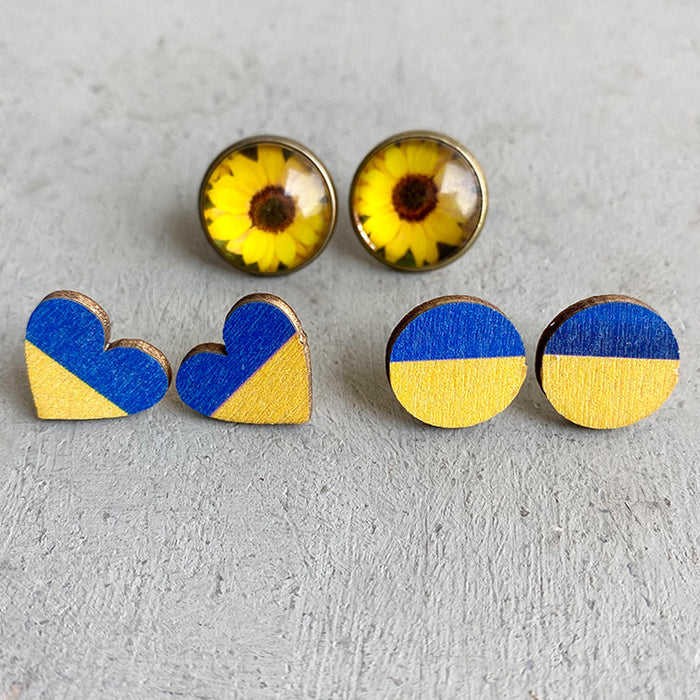 Simple Peace Flag Heart and Sunflower Stud Earrings with Vintage Style