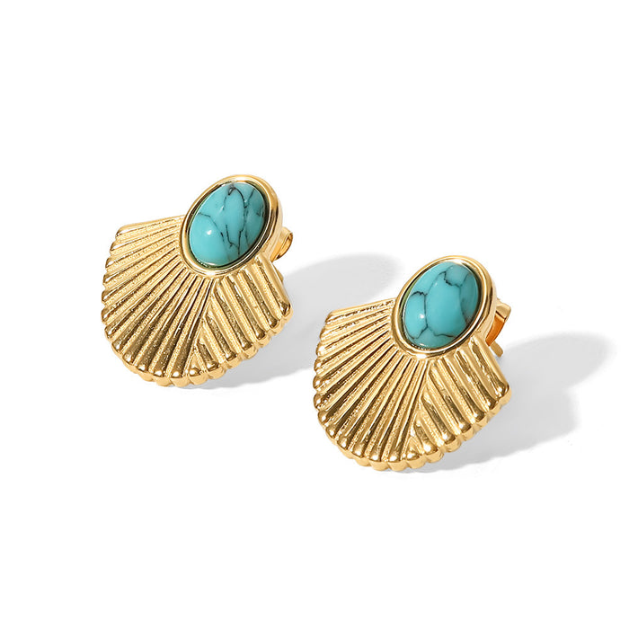 French Style 18K Gold Plated Stainless Steel Green Turquoise Fan Earrings - Vintage Design