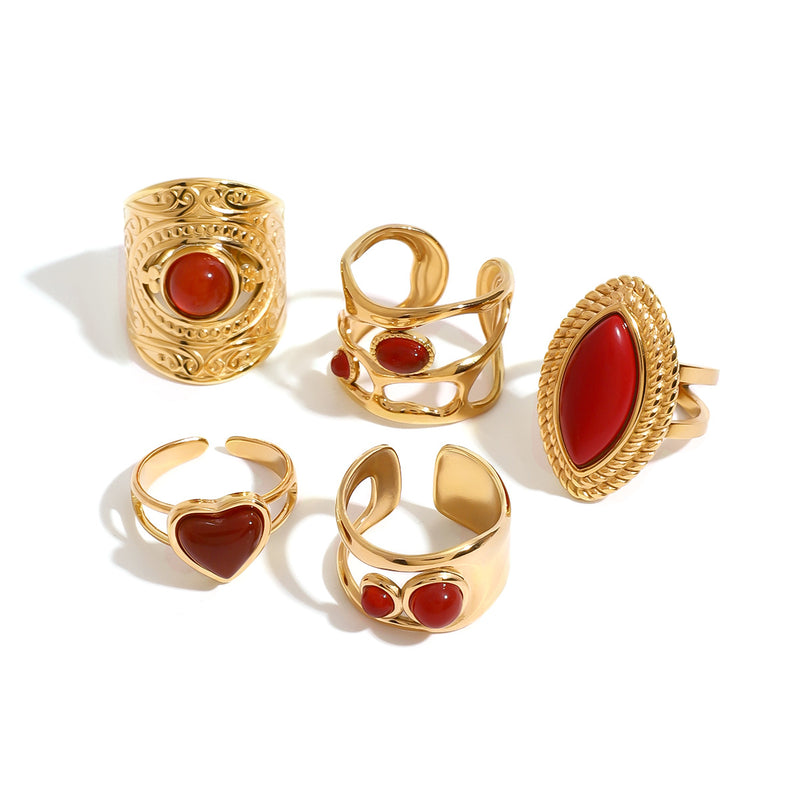 Anillo abierto de ágata roja de acero inoxidable