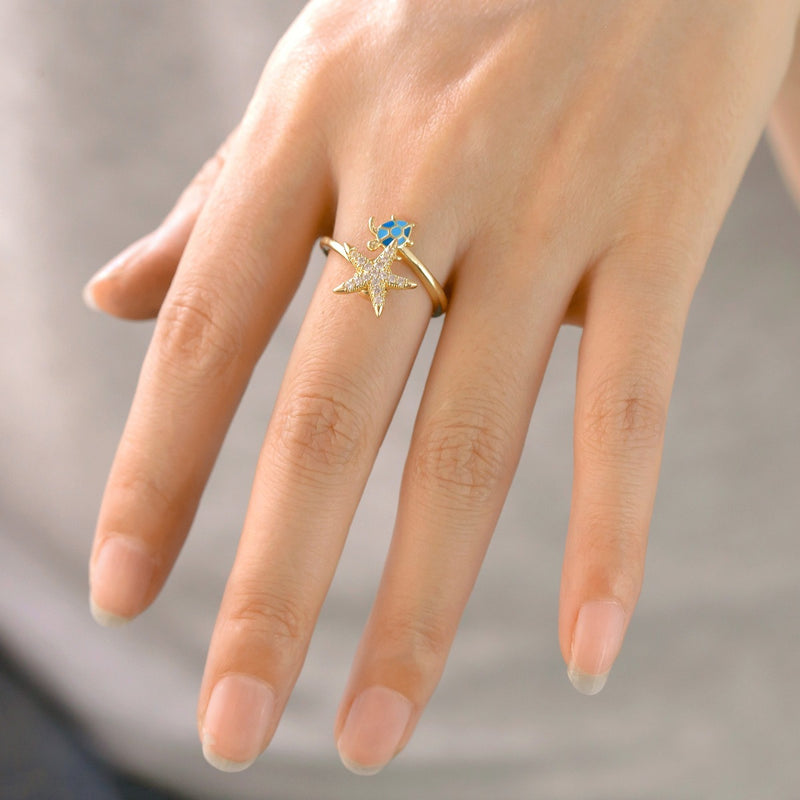 Wholesale oil-splashed turtle and starfish micro-painted zircon rings - wallojewerly 