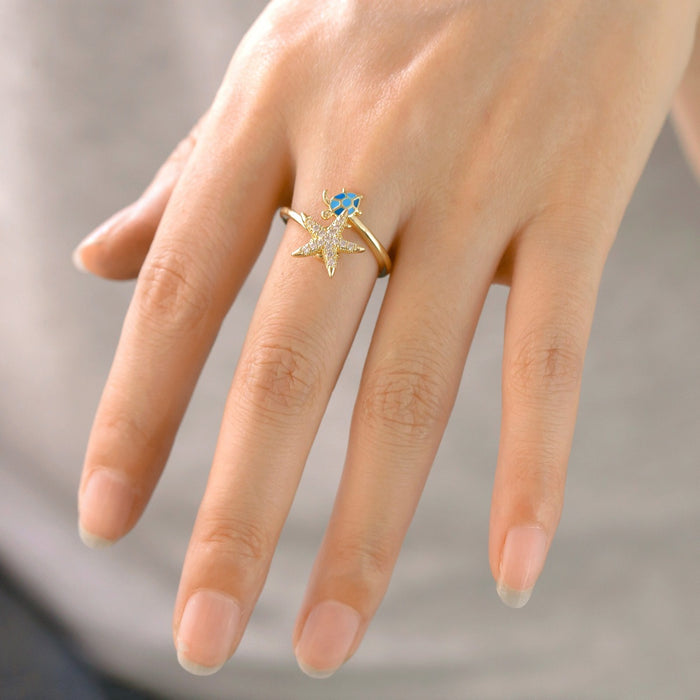 Wholesale oil-splashed turtle and starfish micro-painted zircon rings