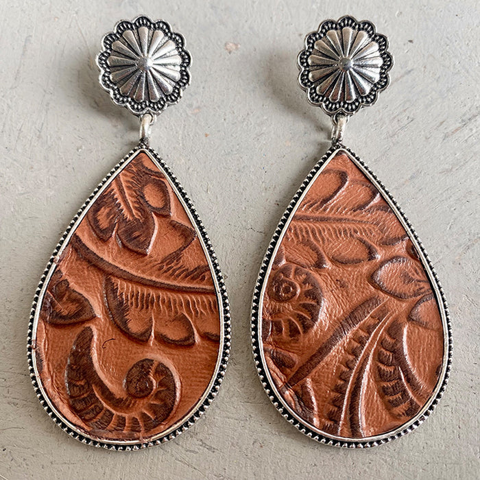 Western Embossed Leather Earrings with Bohemian Floral and Pumpkin Flower Design