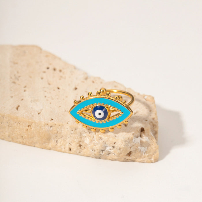 18K Gold Plated Stainless Steel Blue Enamel Evil Eye Ring - Fashionable and Tarnish-Resistant