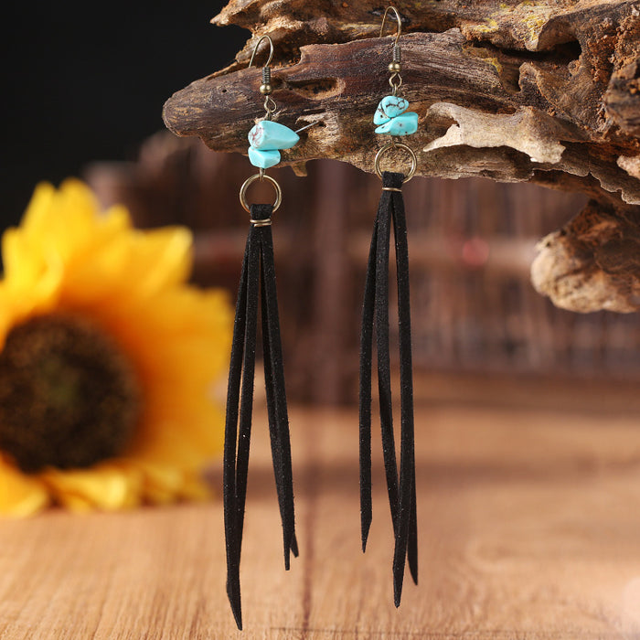 Vintage Long Turquoise Leather Tassel Earrings with Creative Style