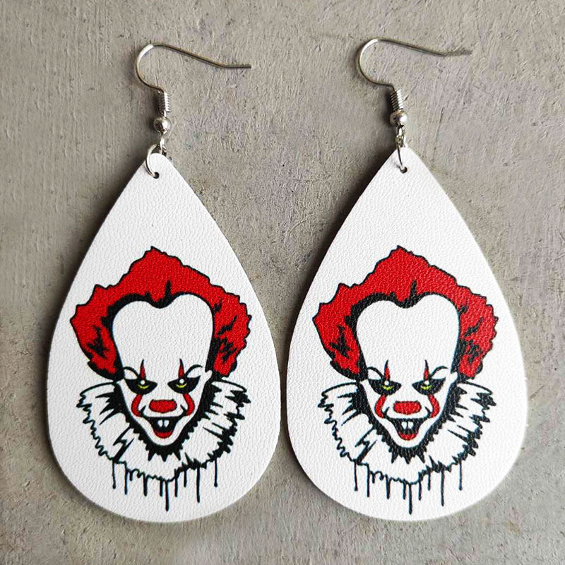 Halloween PU Leather Earrings with Creepy Clown and Blood Stain Design