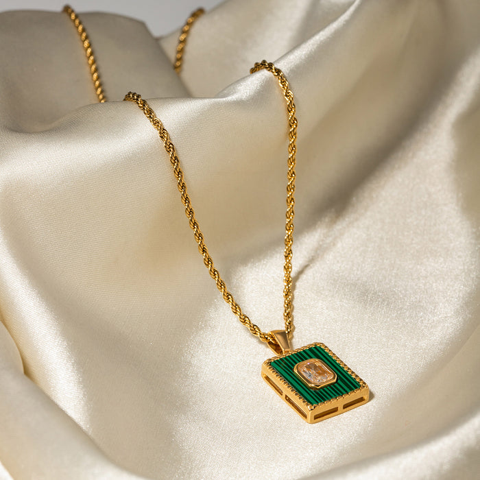 18K Gold-Plated Rectangular Pendant Necklace with Green Tag - Women's Fashion Jewelry