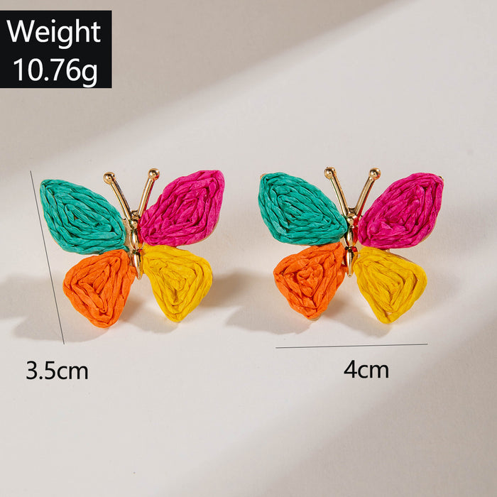 Bohemian colorful woven raffia butterfly earrings holiday style earrings