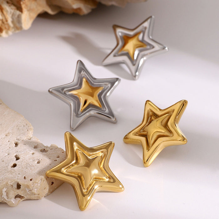 Two-Tone Five-Pointed Star Stud Earrings - High-End Design Cross-Border Jewelry