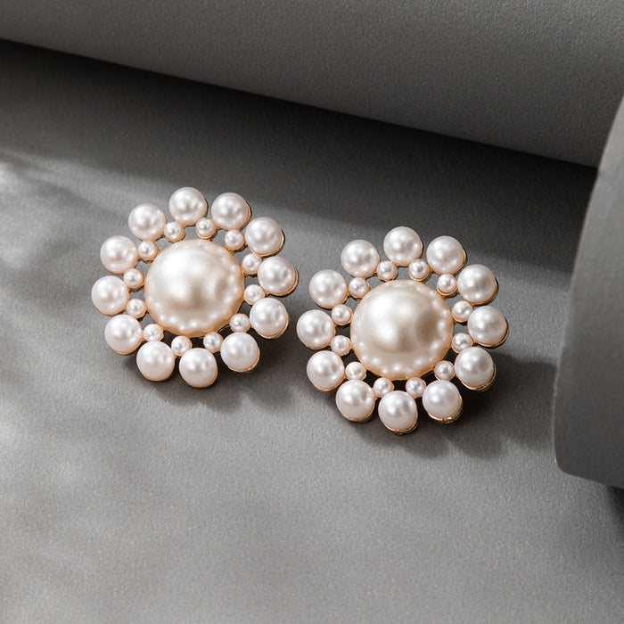 Baroque pearl round flower alloy earrings