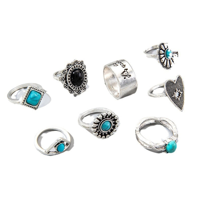 Turquoise Heart Hollow Ring Set - Vintage Eight-Piece Set with Letter Patterns