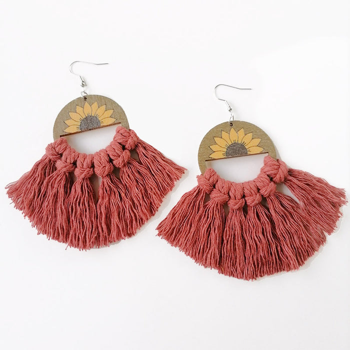 Bohemian Handwoven Cotton Tassel Earrings with Wooden Sunflower Fan Design