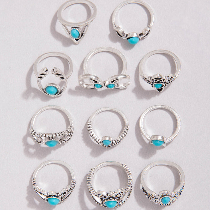 Vintage Turquoise Owl Moon Ring Set - 12pcs Stylish Rings