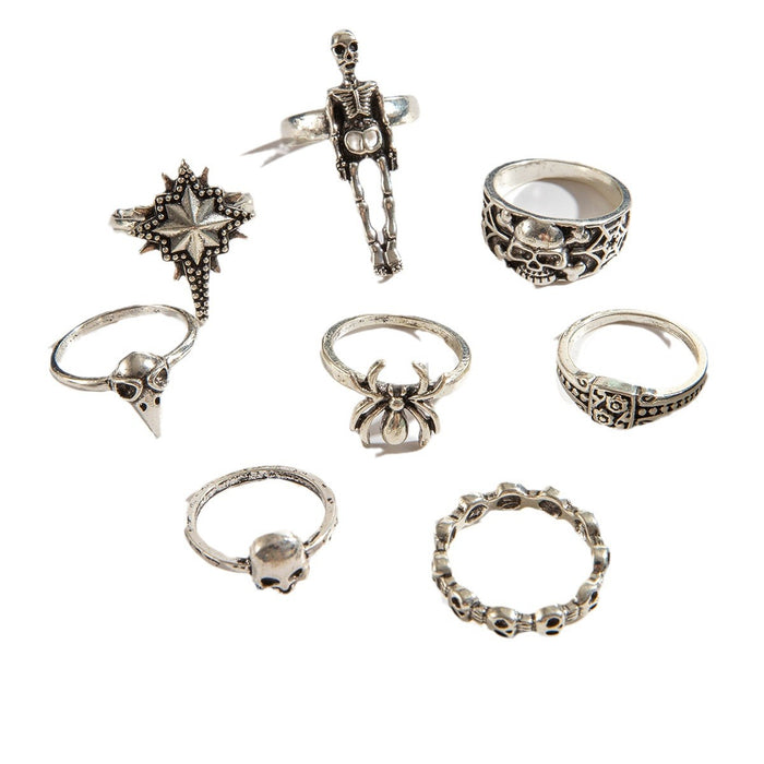 Juego de anillos de calavera de estilo oscuro: anillos de araña punk para Halloween, colección de 8 piezas