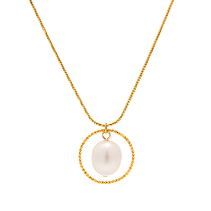 European INS-Style Cross-Border 18K Gold Stainless Steel Freshwater Pearl Pendant Snake Chain - Non-Fading Unique Design