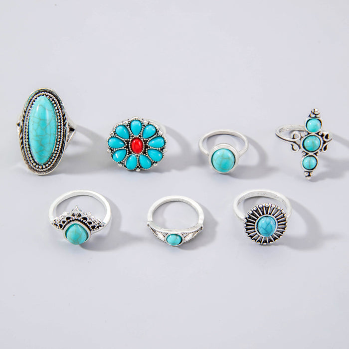 Bohemian Ring Set - 7pcs Vintage Flower Turquoise Rings