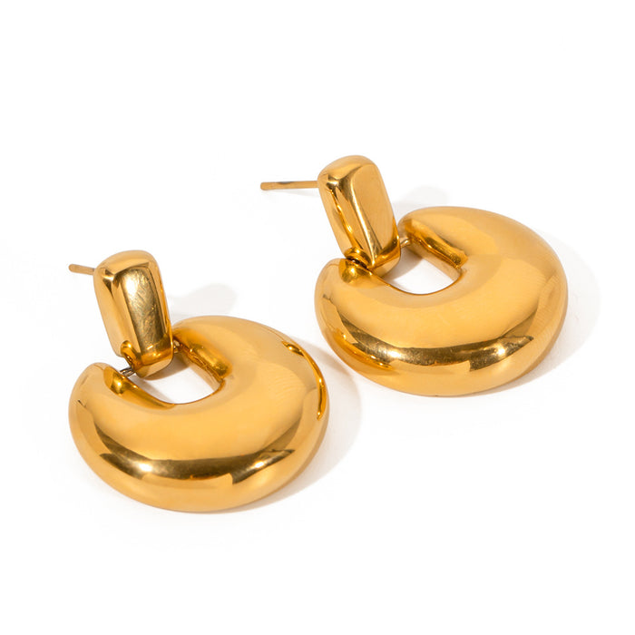 18K Gold Plated Stainless Steel Round Pendant Earrings - Simple and Elegant Retro Design