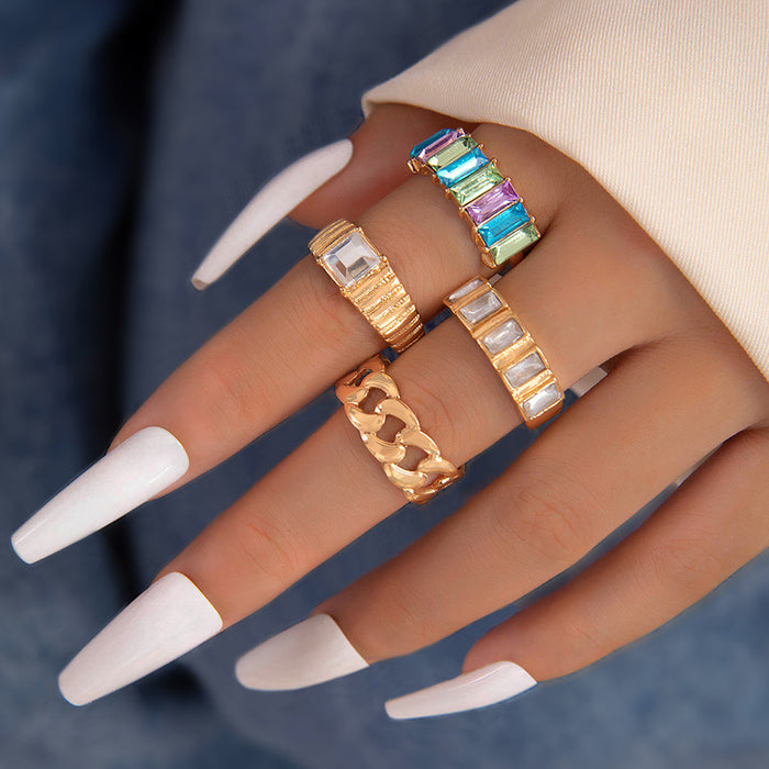 Luxury Gemstone Rhinestone Ring Set - Retro Geometric Open Five-Piece Set