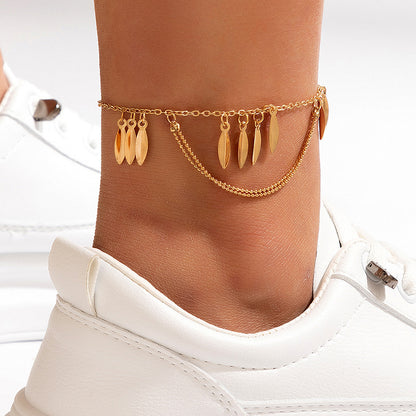 Leaf Disc Single-Layer Anklet with Geometric Bead and Tassel Design