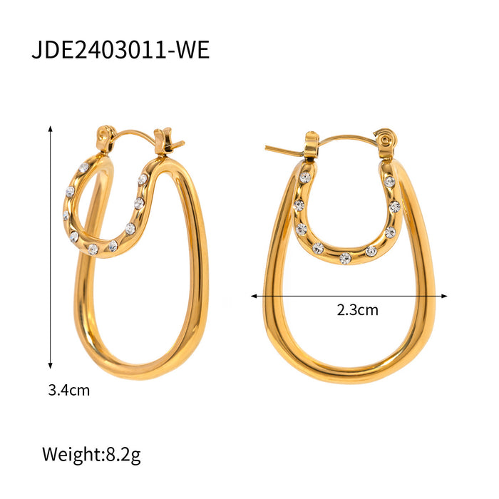 New Cross-Border 18K Gold Plated Stainless Steel White Zircon Double-Layer Curved Hoop Earrings - High-End Design