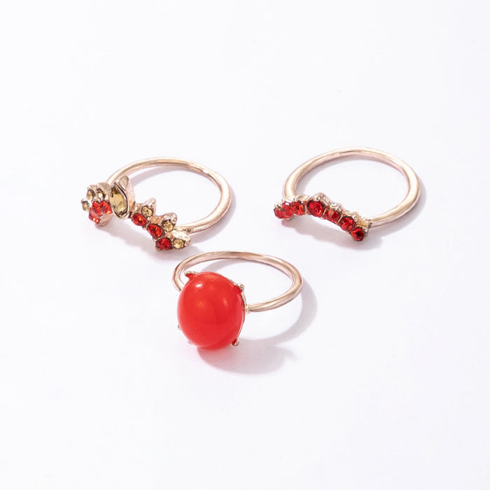 Red gemstone crown three-piece ring, opal female ring set