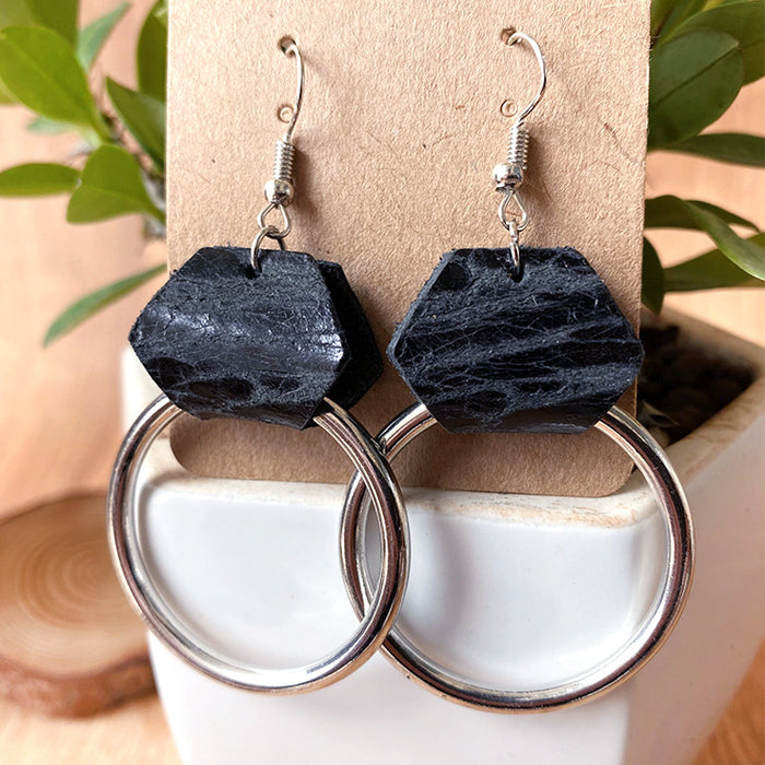 Vintage Embossed Leather Earrings with Metal Hoop Design