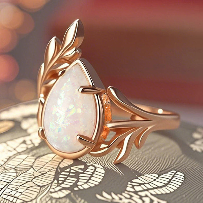 Women's Baroque ring with water drop imitation opal leaf and branch