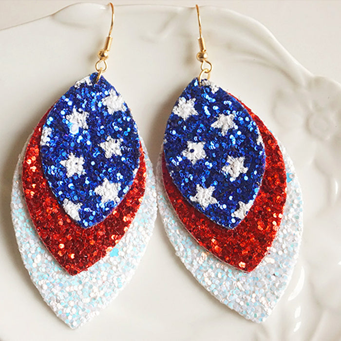 Independence Day American Flag Leather Earrings with Feather and Mesh Design