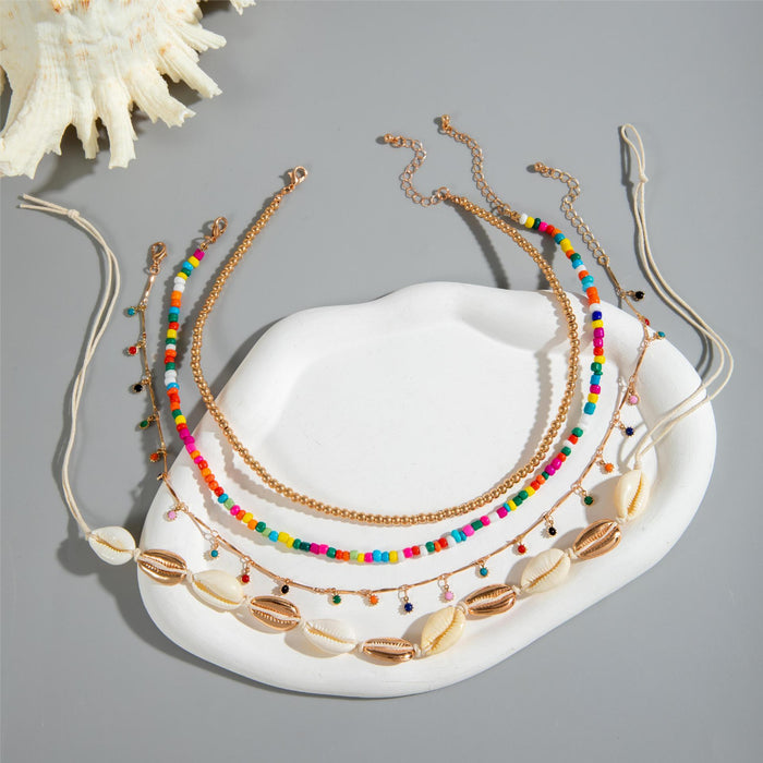 Conjunto de collar de playa de múltiples hilos con cuentas y conchas estilo bohemio