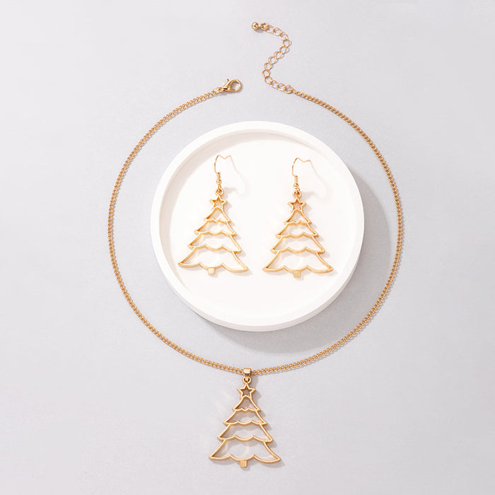 Christmas Tree Hollow Gold Jewelry Set with Reindeer Earrings and Necklace