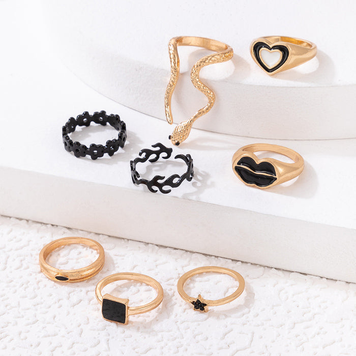 Lip love dripping oil star ring set, geometric letter snake zodiac eight-piece set