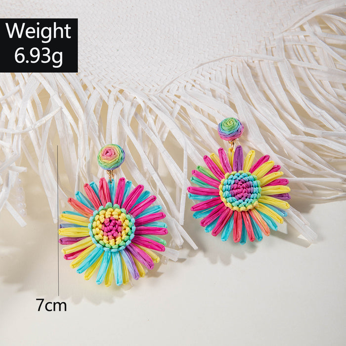 Colorful sunflower raffia earrings beach braided flower earrings