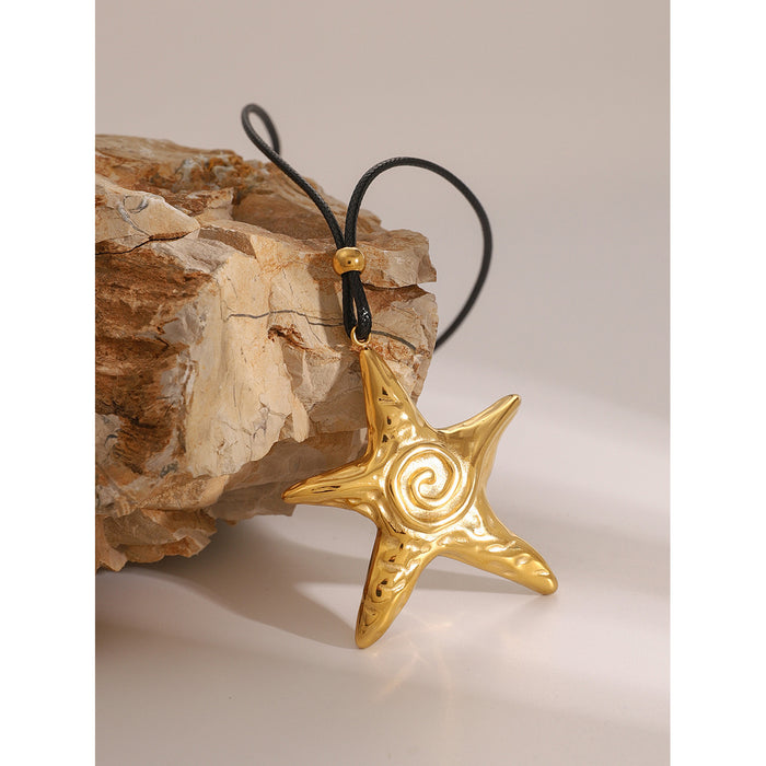 18K Gold-Plated Stainless Steel Star Pendant Necklace - Large Retro Spiral Starfish with Wax Cord