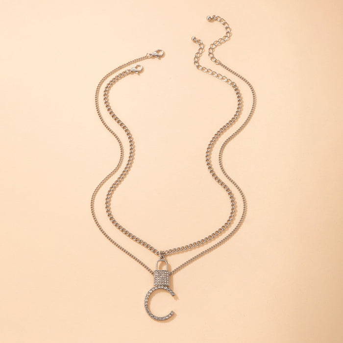 Diamond Lock Double Layer Necklace with Geometric Letter C Pendant