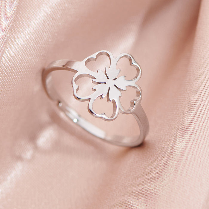 Anillo de estambre de amor de planta, anillo de acero inoxidable abierto con flor de durazno pequeña de estilo europeo y americano al por mayor