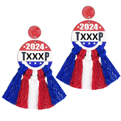 Patriotic American Wooden Earrings with Red, White, and Blue Design, Woven for 2024 Support