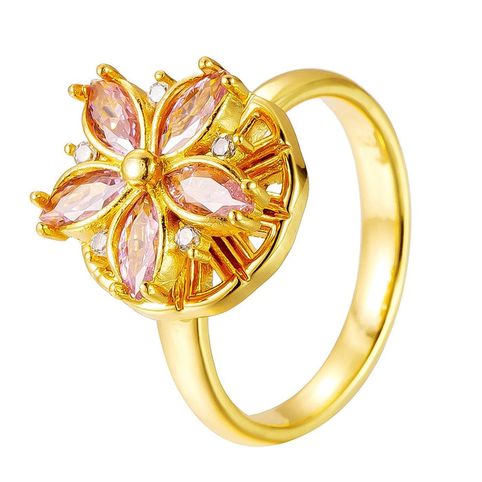 Wholesale 18K real gold plated pink cherry blossom 360-degree rotating ring