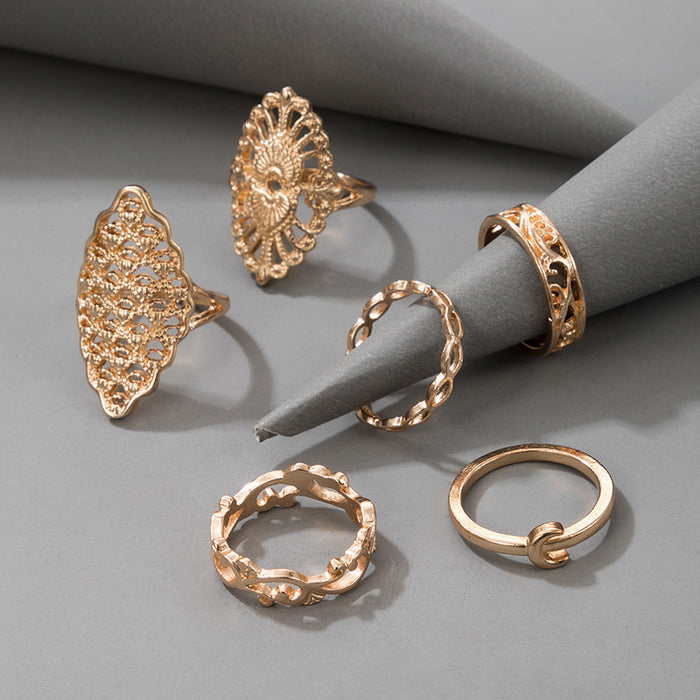 6-piece geometric wide ring set, hollow pattern moon design