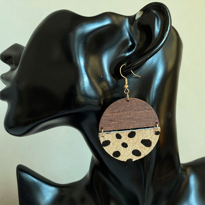 Leopard Print Cowhide Earrings with Round Geometric Wood and Leather