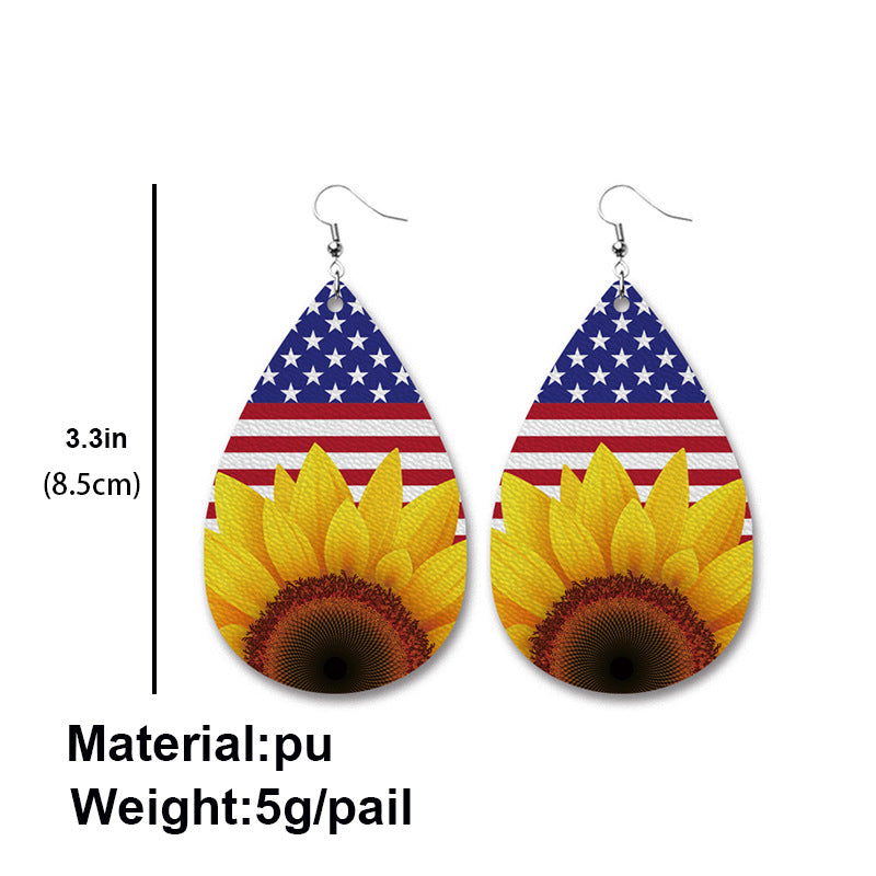 American Flag Sunflower Leather Earrings for Independence Day