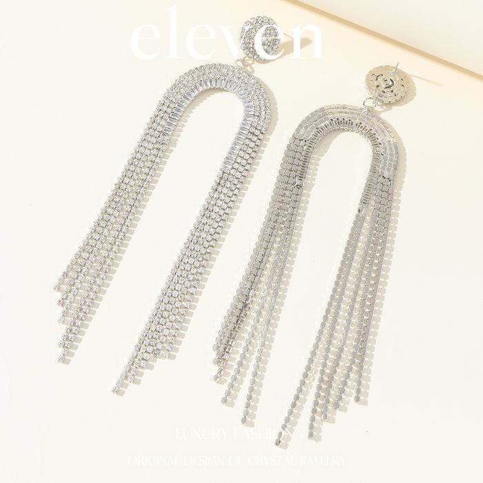 Exaggerated Arch Tassel Earrings - Full Rhinestone Dangles for Evening Gowns