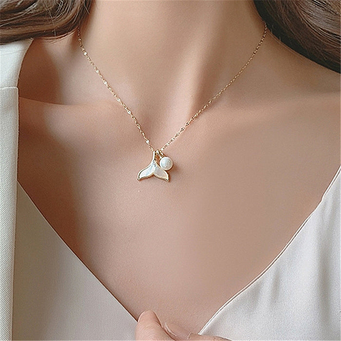 14K Gold-Plated Stainless Steel Shell Mermaid Pearl Pendant Necklace - Women's Fashion