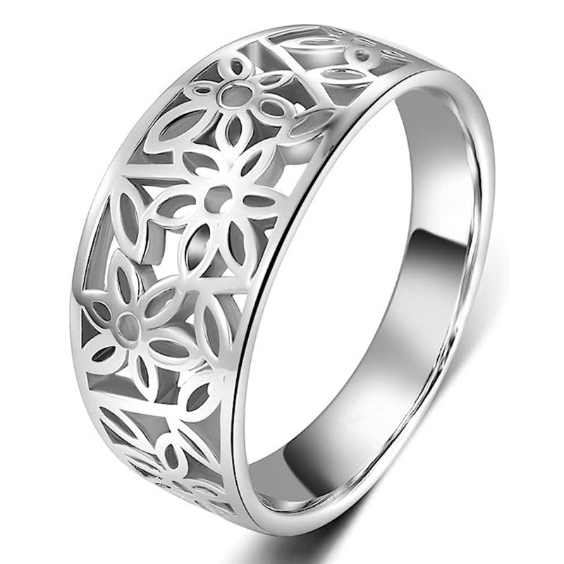 Metallic floral ring retro hollow design index finger ring